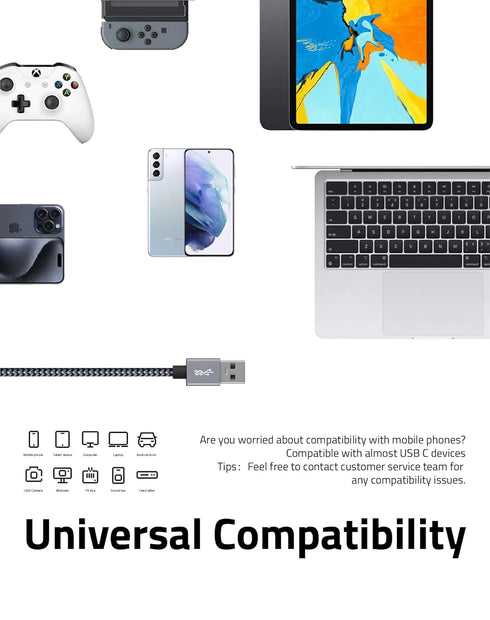FHG 6FT USB 3.0 to USB C Cable 2Pack, High-Speed Transfer of 1GB in 2sec, 3A Fast Charging from 20% to 80% in 35mins, Sturdy Nylon Braided USB Dat...