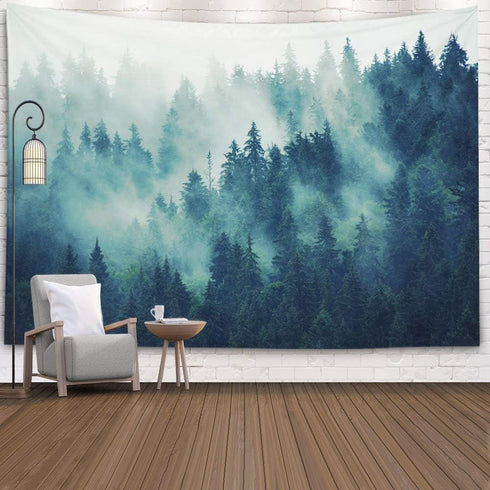 EMMTEEY Misty Forest Tapestry Nature Scenic Mountain Tapestry Green Tree Landscape Foggy Fir Pine Forest 80X60 Inches Tapestries for Living Room B...