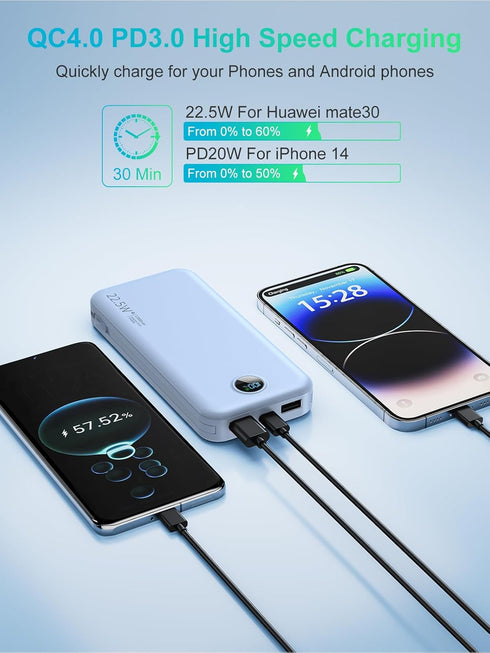 Portable Charger Built-in Cables and AC Wall Plug, USB C 12000mAh Slim Power Bank Fast Charging Battery Pack Lightweight Power Bank Travel Essenti...