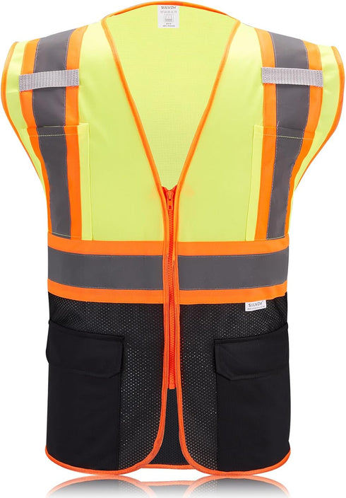 High Visibility Reflective Safety Vest with Zipper and Pockets (Yellow & Black),Medium...