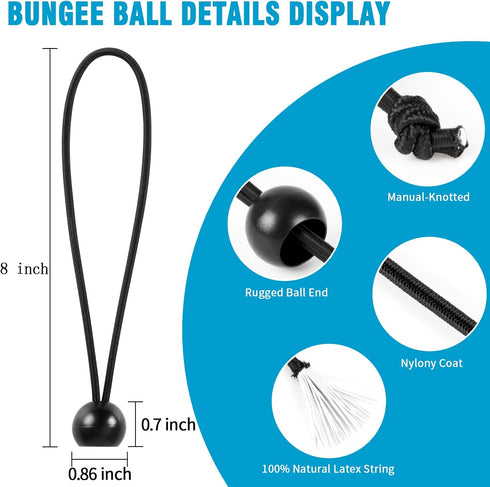 Tarp Bungee Balls Ties 8 Inch,50 PCS Bungee Ball Cords Ties Heavy Duty High Elastic Bungee Cord Canopy Tie Down for Tarp,Camping Tent,Shelter,Shad...