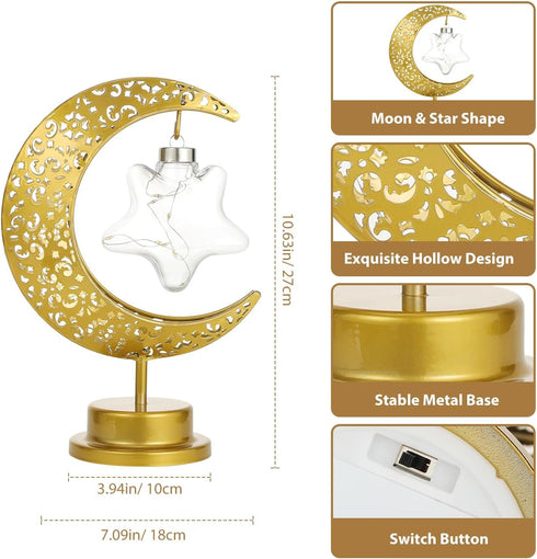 Decorative Table Lamp, Battery Powered Ramadan Desk Lamp Decorations Crescent Table Light Lunar Star Moon Lantern for Bedside Nightstand Desktop K...