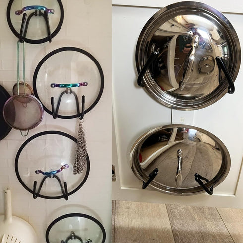Set of 4 Pan Pot Lid Holders, Self Adhesive Cabinet Door/Wall Mount Storage Organizer, Suitable for Lids Up to 11 Inches, lid of the pot is within...