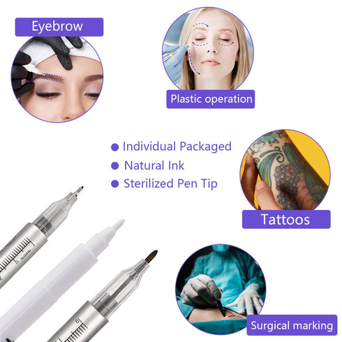 10Pcs Microblading Skin Marker Tattoo Stencil Markers Pen Permanent Makeup Position Mark Surgical Tip Sterile with Paper Ruler for Eyebrow, Lips, ...