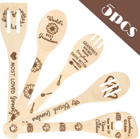 5Pcs Grandma Wooden Spoons Utensils Set, Cooking Utensils Non-Stick Carve Spoons Burned Bamboo Cookware Kitchen Gadget Kit Grandma Birthday Grandp...