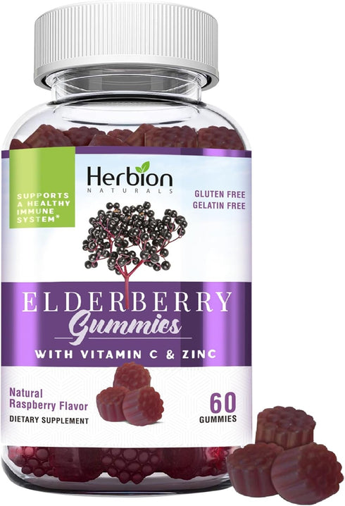Herbion Naturals Elderberry Gummies with Vitamin C & Zinc Healthy Immune System Support Gummies, 60 Count Pectin Gummies...