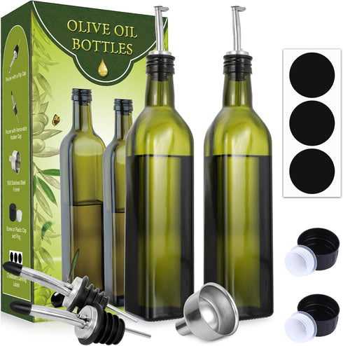 AOZITA Glass Olive Oil Dispenser Bottle Set - 500ml Dark Green Oil & Vinegar Cruet Bottle with Pourers, Funnel and Labels - Olive Oil Carafe Decan...