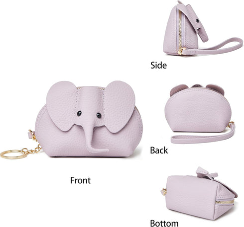 Small Leather Coin Purse for Women Cute Elephant Change Purse for Girls Zipper Coin Pouch Wallet with Key Chain and Wrist Strap (4-Purple)...