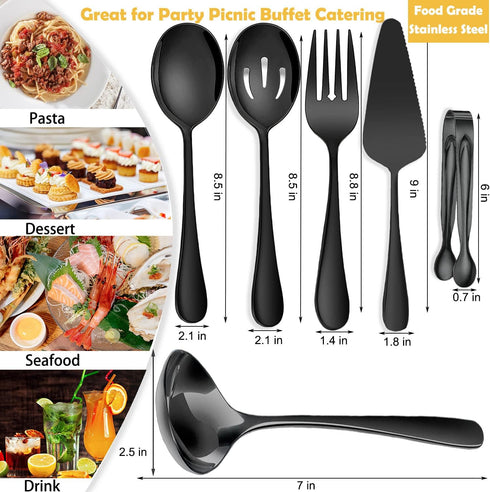 6 PCS Stainless Steel Serving Utensils, Large Serving Spoons Slotted Spoons, Forks, Ice Suger Tongs, Cake Server, Soup Ladle, Metal Utensils Set G...