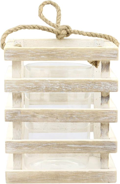 Stonebriar Small Worn White Wooden Beach House Candle Lantern with Rope Handle and Removable Glass Cylinder Hurricane...