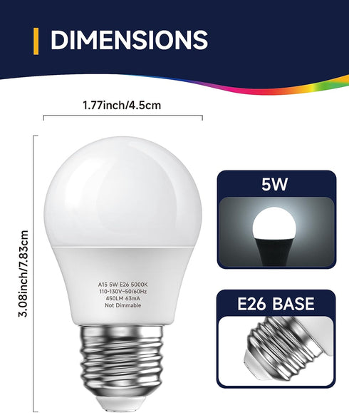 E26 Refrigerator Light Bulb, 120V LED Fridge Light Bulb Waterproof, A15 E26 5W Equivalent 40W Light Bulb, Daylight 5000K Non-Dimmable, E26 LED Bul...