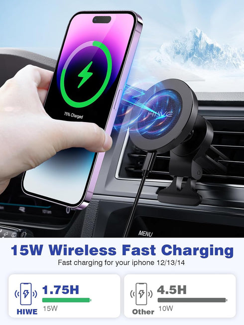 Magnetic Wireless Car Charger, Design for MagSafe Car Mount Charger, Strong Magnetic 15W Fast Charging Car Charger Phone Holder with USB Car Charg...