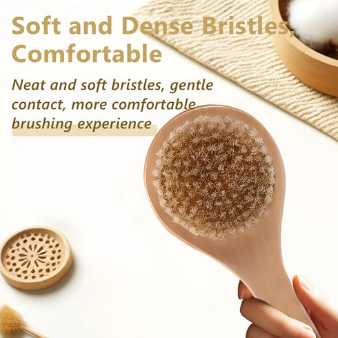 Dry Bath Body Brush with Short Handle, Natural Bristles Back Scrubber, Anti-Slip Wooden Handle for Exfoliation, Blood Circulation, and Cellulite R...