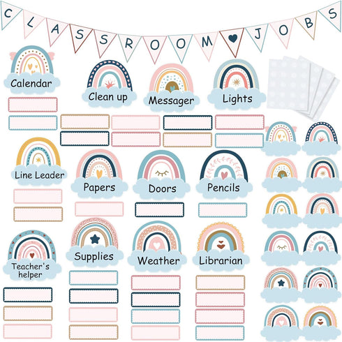 Gueevin 72 Pcs Boho Classroom Jobs Bulletin Board Set Rainbow Bulletin Board Cutouts Classroom Jobs Chart Teacher's Helper Chalkboard Decor for Ba...