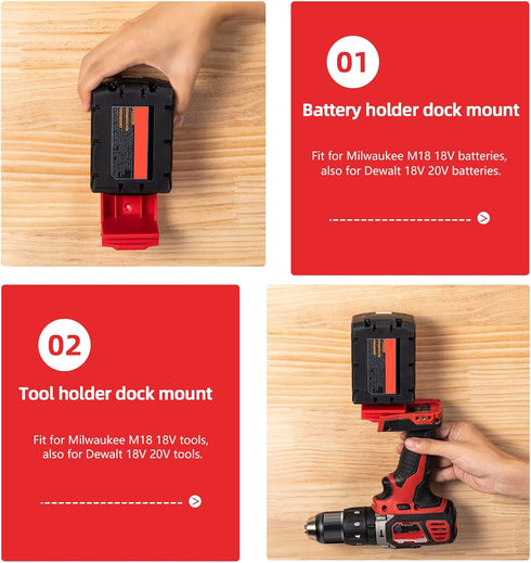 5 Pack Tool Mount for Milwaukee 18V Drill; Battery Holder for Milwaukee M18 Battery MOUNT/Hanger/Dock Holder Fit for 48-11-1820 48-11-1850 48-11-1...