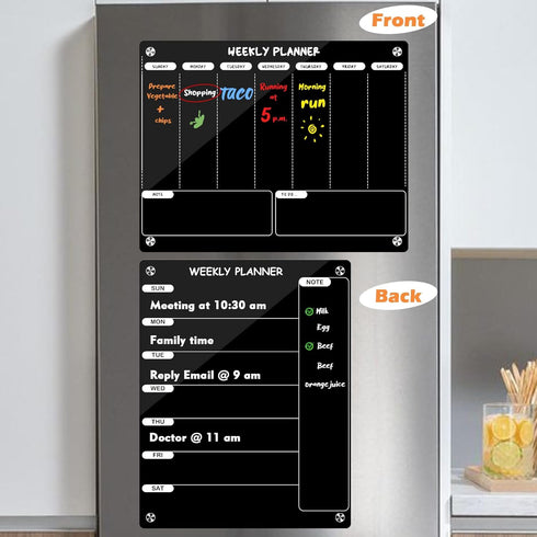 Weekly Dry Erase Board for Refrigerator, Magnetic Weekly Calendar for Fridge, Black Acrylic Note Board, Planner Schedule Board, Double-Sided Use...