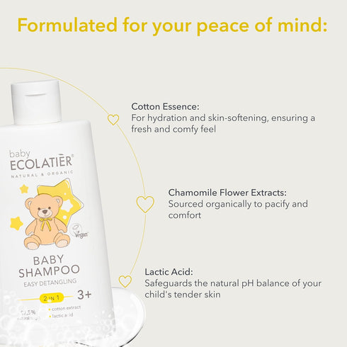 Baby Shampoo & Body Wash 2-in-1 Gentle, Hypoallergenic, and Tear-Free kids shampoo - Cotton Extract& Lactic Acid for Easy Detangling - Kids shampo...