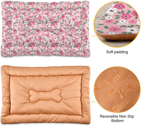 Pink Floral Pet Bed Pad Soft Dog Bed Mat with Anti-Slip Bottom, Machine Washable Crate Pad Mattress for Dog Sleeping...