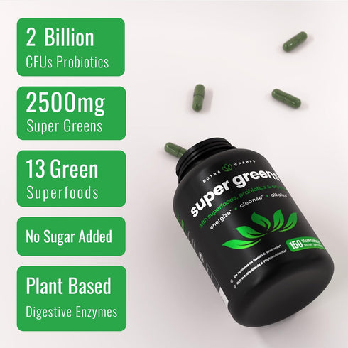 Organic Super Greens Capsules - 40+ Superfoods & Greens Supplements Capsules - Alfalfa, Spirulina, Chlorella & More - Antioxidant, Digestive Enzym...