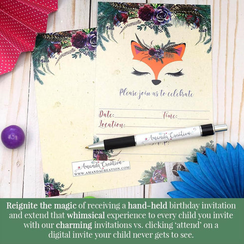 Woodland Forest Fox Face Floral With Greenery Birthday Party Invitations, 20 5x7 Fill In Cards with Twenty White Envelopes by AmandaCreation...