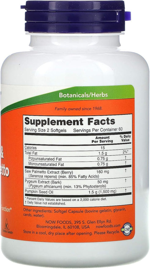 NOW Supplements, Pygeum & Saw Palmetto with Pumpkin Seed Oil, Men's Health*, 120 Count(Pack of 1)...