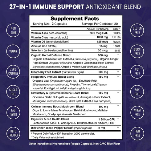 27 in 1 Immune Support Supplement | Antioxidant Immune Boosters for Adults | 90 Immune Defense Capsules | 1000mg Vitamin C, 5000 IU D3, Elderberry...
