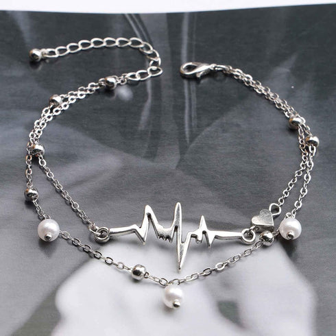 Boho Layered Pearl Anklet Silver Heartbeat Ankle Bracelet Love Heart Anklet Chain Beach Satellite Anklets Beaded Foot Chain Jewelry for Women and ...