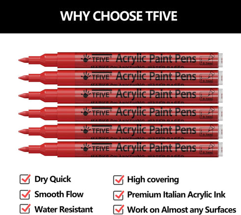 Red Marker Paint Pens - 6 Pack Acrylic Red Permanent Marker, 0.7mm Extra Fine Tip Paint Pen for Art projects, Drawing, Rock Painting, Stone, Ceram...