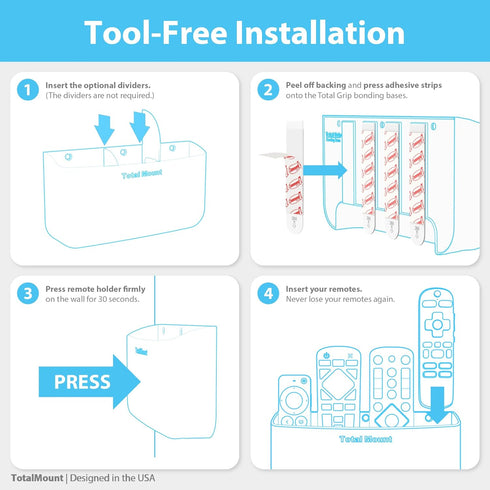 TotalMount Hole-Free Remote Holder – Eliminates Need to Drill Holes in Your Wall (Premium White Holder for 3 or 4 Remotes)...