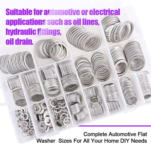 Swpeet 470Pcs Automotive Metric Oil Drain Plug Gasket Aluminum Flat Washer Assortment Kit, Including 18 Different Sizes - M6 M8 M10 M12 M14 M16 M1...