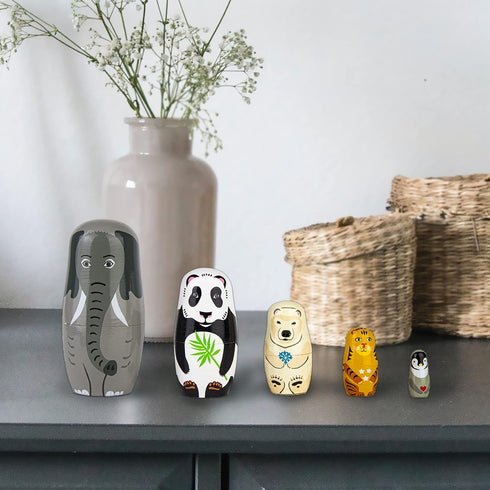 Nesting Dolls 5PCS Superb Handmade Wooden Animal Nesting Dolls Cute Elephant Panda Nesting Dolls Russian Nesting Wishing Dolls Matryoshka Doll for...