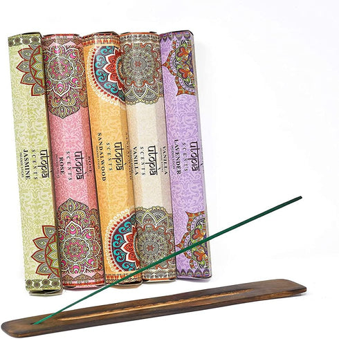 Premium Quality Incense Sticks. Lavender, Sandalwood, Jasmine, Vanilla and Rose Aroma. Variety Gift Pack 75 Sticks, Includes a Free Holder...