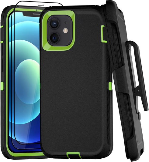 iPhone 12 Case with Belt Clip and 2 Pack Screen Protector - Military Grade Rugged Full Body Phone Case (Black+Green)......