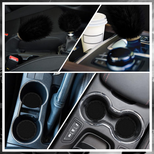 Frienda 6 Pieces Fluffy Car Accessories Set Fluffy Steering Wheel Cover Soft Fuzz Handbrake Cover Gear Shift Cover Bling Car Mirror Fuzz Car Decor...