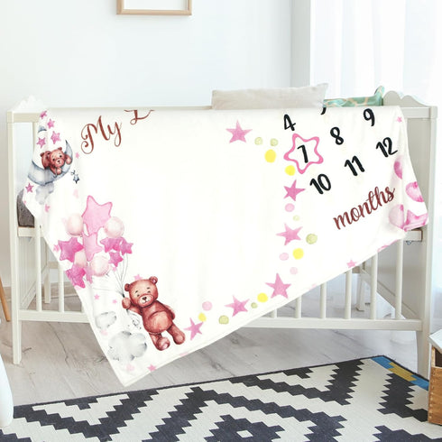 Sleeping Bear Monthly Baby Milestone Blanket Bear Star Balloon Flannel Blanket Boy Newborn Infant Swaddle Blanket Growth Chart Baby Blanket with F...