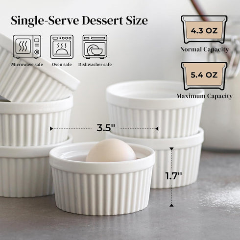 DOWAN Ramekins 4 oz Oven Safe for Creme Brulee Souffle, Porcelain Custard Cups Ramiken for Baking, Classic Style Ramekins Bowls, Set of 6, White...