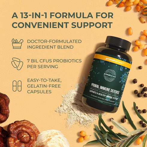 Primal Harvest Primal Immune Defense 10-in-1 Immune Defense Supplement: with 7 Billion CFU Probiotics, Zinc, Vitamins C, B6, D3, K2 - Immune Boost...
