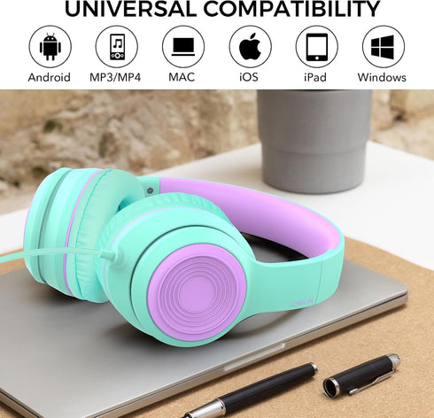 A8 Kids Headphones with Microphone, Lightweight Folding Stereo Bass Headphones with 1.5M No-Tangle Cord, Portable Wired Headphones for Smartphone ...