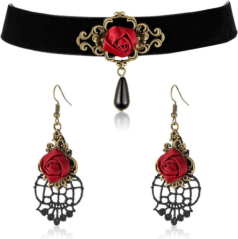 RareLove Red Rose Teardrop Gothic Lolita Velvet Choker Necklace and Dangle Earrings Jewelry Set Halloween Costumes for Women Accessories...