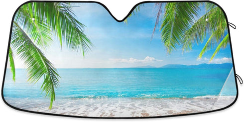 Tropical Palm Tree Beach Car Windshield Sun Shade Blocks UV Rays Sun Visor Protector Foldable Sun Reflector to Keep Your Vehicle Cool...