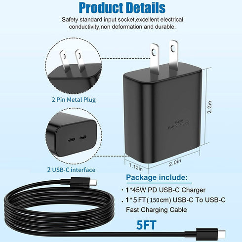 45W Samsung Dual Port USB C Fast Wall Charger with 5FT Type C Charging Cable,Surper Fast Charger Type C Charging Block for Samsung Galaxy S24 Ultr...