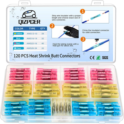 120 Pcs Heat Shrink Butt Connectors, Insulated Waterproof Wire Connector Kit, Splice Crimp Tinned Copper Terminal Electrical Connectors for Marine...