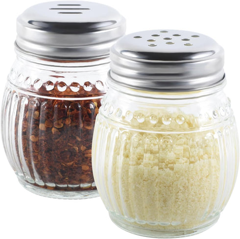 Cheese and Pepper Shakers Set of 2, 6oz Glass Spice Shakers with Stainless Steel Perforated and Slotted Top (Clear)...