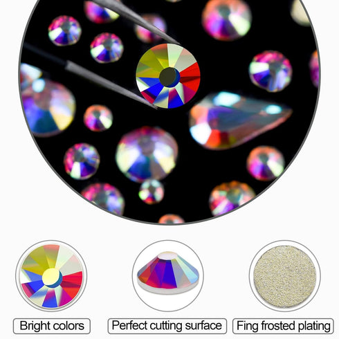 HUETFAT 2400 Pieces Flat Back Gems Round Crystal AB Rhinestones 6 Sizes (1.9-4.5 mm) with Storage Organizer Box Wax Pencil Tweezers for Nail Art C...