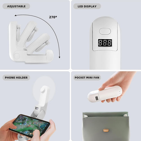 Mini Handheld Fan, Portable Fan 3 IN 1 2000mAh, Battery Operated Fan with LED Display as Phone Holder, Hand Fan USB Rechargeable for Outdoor Trave...