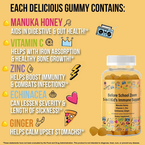5-in-1 Kid's Immune Support Gummy, Manuka Honey, Vitamin C, Zinc, Echinacea, Ginger, Gummy Supplement, Essential Immune Support Gummies for Daily ...