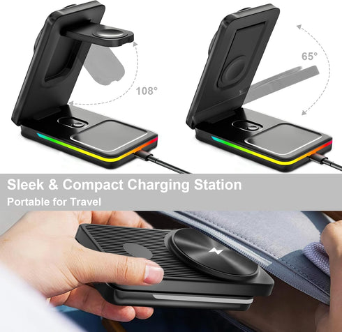 3 in 1 Wireless Charging Station with Magsafe Charger Stand, Foldable Magsafe Charger for iPhone 15 Pro Max/14/13/12, Foldable Charger 3 in 1 for ...