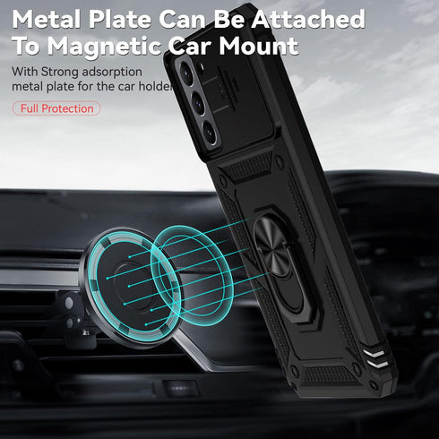 for Samsung Galaxy S21 Case with Camera Lens Cover HD Screen Protector, Dual Layer Military-Grade Drop Tested Magnetic Ring Holder Kickstand Prote...