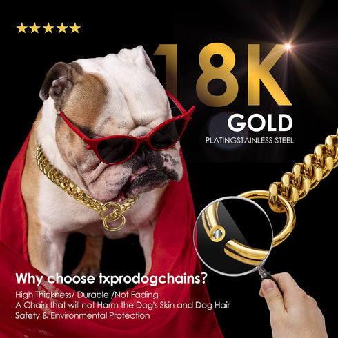 18K Gold Chain Dog Collar 10MM Cuban Link Chain Stainless Steel Metal Links Walking Training Collar for Small Medium Large Dogs 10in to 30in...