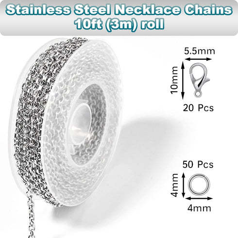 Jishi 33ft Silver Stainless Steel Chain 2mm Jewelry Necklace Link Cable Chain for Jewelry Making Bracelets Earring Craft Supplies DIY Findings - M...